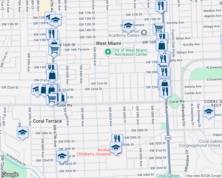 map of restaurants, bars, coffee shops, grocery stores, and more near 6159 Southwest 22nd Street in Miami