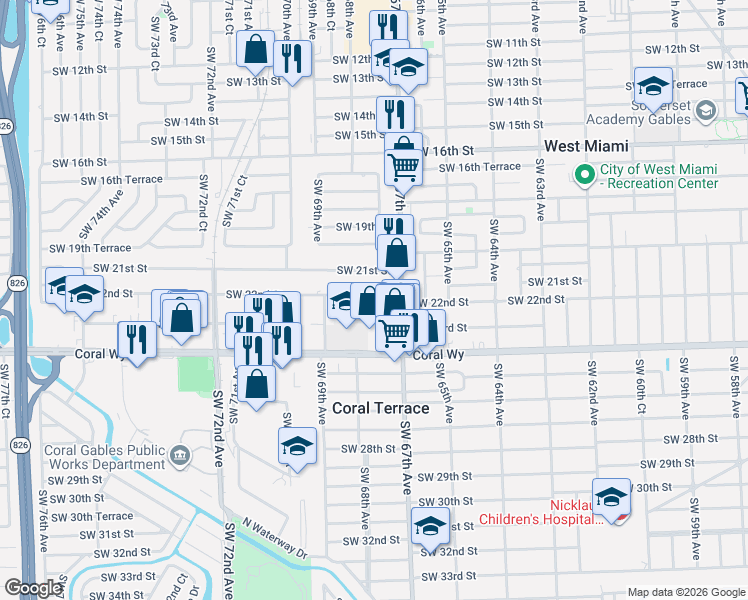 map of restaurants, bars, coffee shops, grocery stores, and more near 6801 Southwest 22nd Street in Miami