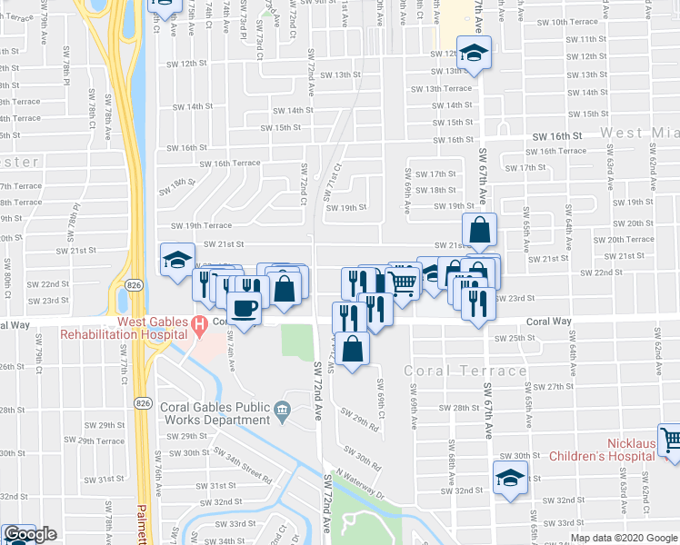 map of restaurants, bars, coffee shops, grocery stores, and more near 7121 Southwest 22nd Street in Miami