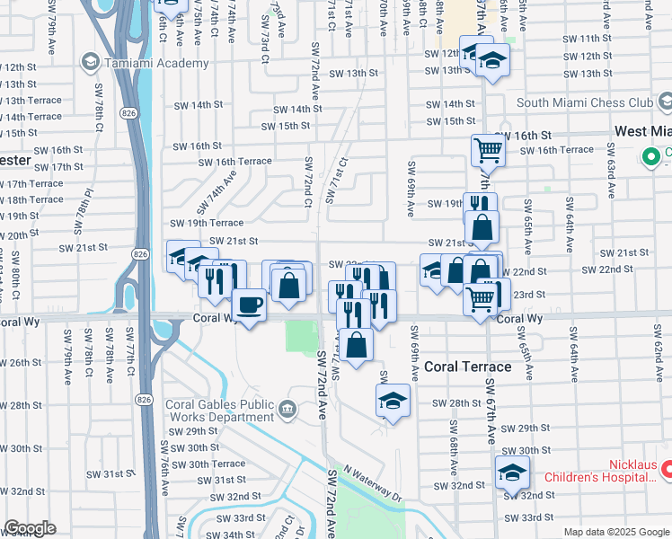 map of restaurants, bars, coffee shops, grocery stores, and more near 7197 Southwest 22nd Street in Miami