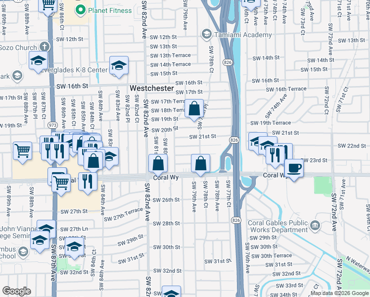 map of restaurants, bars, coffee shops, grocery stores, and more near 7945 Southwest 21st Terrace in Miami
