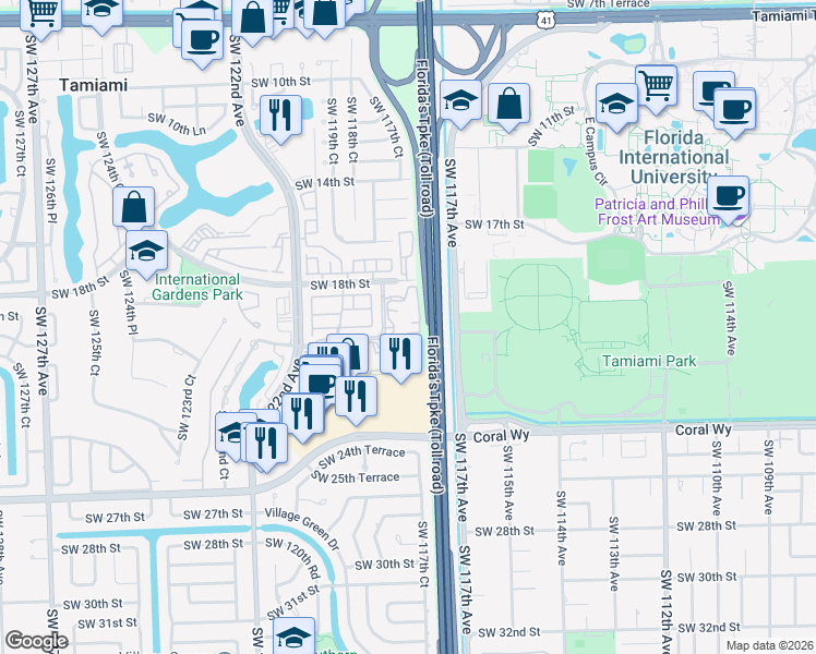 map of restaurants, bars, coffee shops, grocery stores, and more near 11750 Southwest 18th Street in Miami
