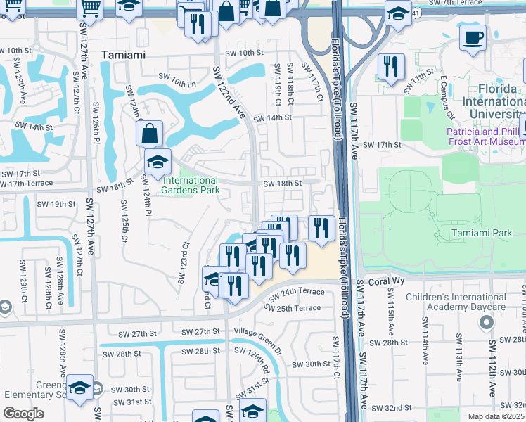 map of restaurants, bars, coffee shops, grocery stores, and more near 269 Southwest 122nd Avenue in Miami