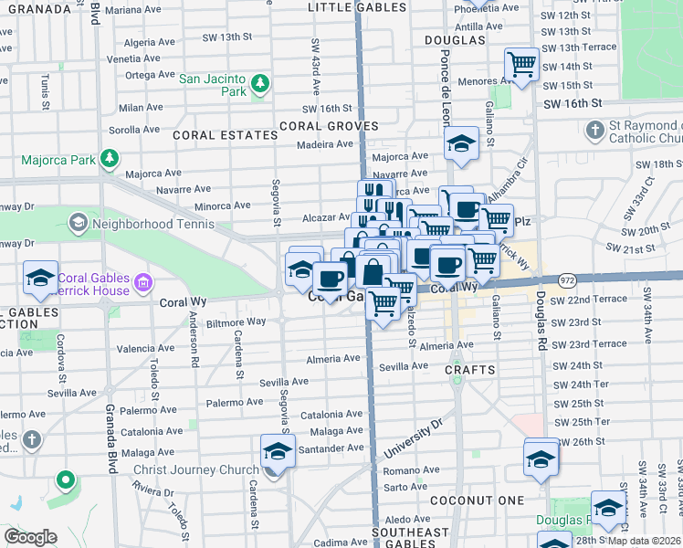 map of restaurants, bars, coffee shops, grocery stores, and more near 415 Aragon Avenue in Coral Gables