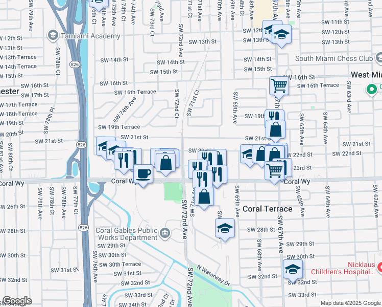 map of restaurants, bars, coffee shops, grocery stores, and more near 7197 Southwest 22nd Street in Miami