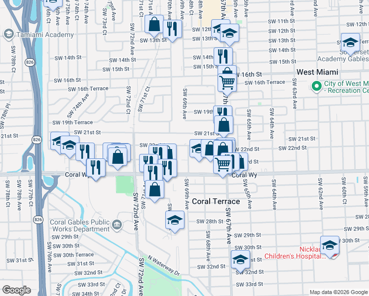 map of restaurants, bars, coffee shops, grocery stores, and more near 6901 Southwest 22nd Street in Miami