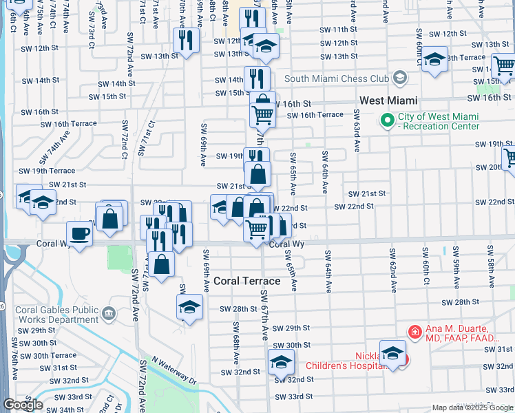 map of restaurants, bars, coffee shops, grocery stores, and more near 2200 Ludlam Road in Miami