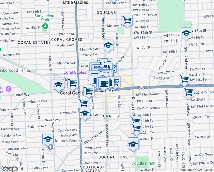 map of restaurants, bars, coffee shops, grocery stores, and more near 2333 Ponce de Leon in Coral Gables