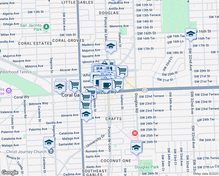 map of restaurants, bars, coffee shops, grocery stores, and more near 2333 Ponce de Leon in Coral Gables