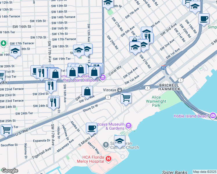 map of restaurants, bars, coffee shops, grocery stores, and more near 1181 Southwest 22nd Terrace in Miami