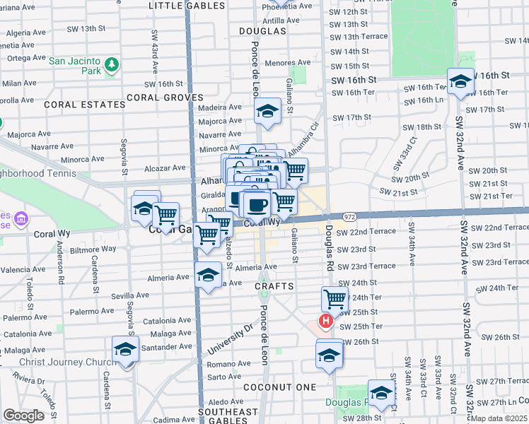 map of restaurants, bars, coffee shops, grocery stores, and more near 2333 Ponce de Leon in Coral Gables