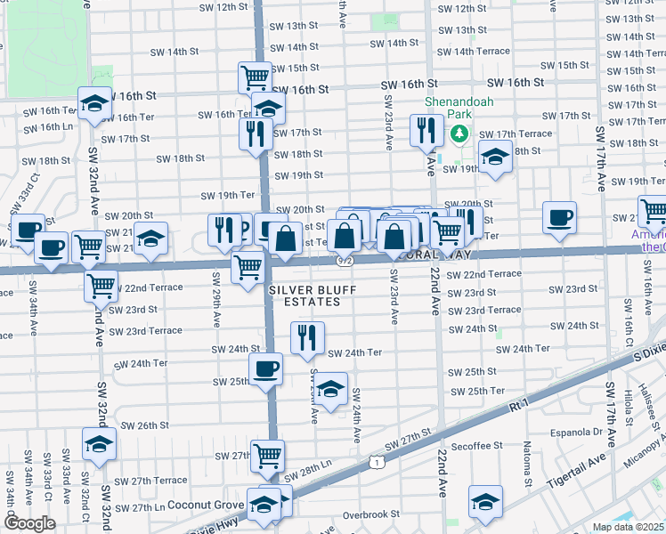 map of restaurants, bars, coffee shops, grocery stores, and more near 2441 Southwest 22nd Street in Miami