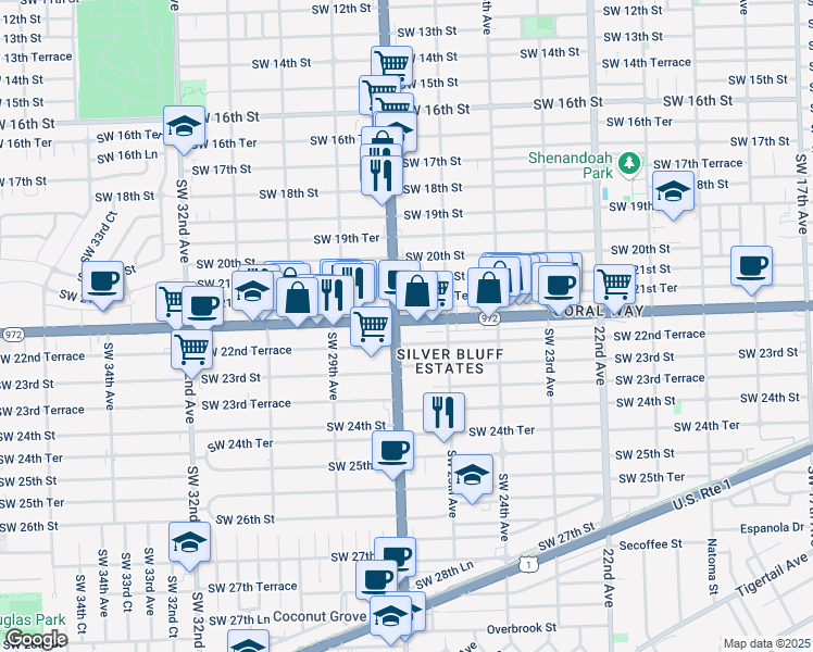 map of restaurants, bars, coffee shops, grocery stores, and more near in Miami