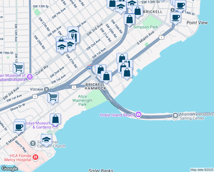 map of restaurants, bars, coffee shops, grocery stores, and more near 2475 Brickell Avenue in Miami