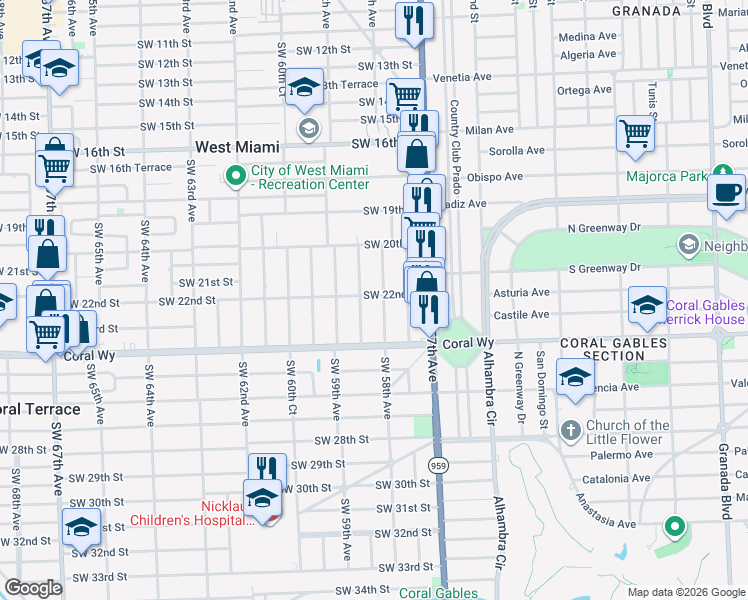 map of restaurants, bars, coffee shops, grocery stores, and more near 2198 Southwest 58th Court in Miami