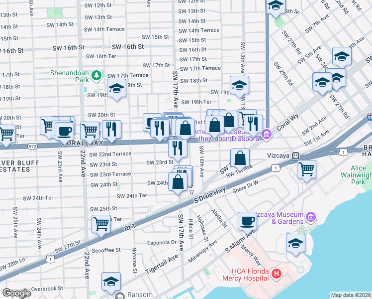 map of restaurants, bars, coffee shops, grocery stores, and more near 2221 Southwest 17th Avenue in Miami