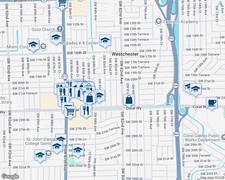 map of restaurants, bars, coffee shops, grocery stores, and more near 2100 Southwest 82nd Place in Miami