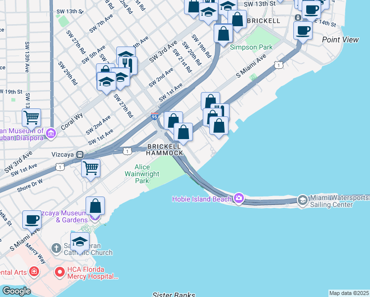 map of restaurants, bars, coffee shops, grocery stores, and more near 2475 Brickell Avenue in Miami
