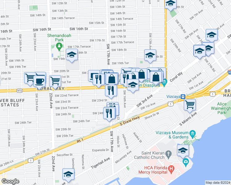 map of restaurants, bars, coffee shops, grocery stores, and more near 2221 Southwest 17th Avenue in Miami