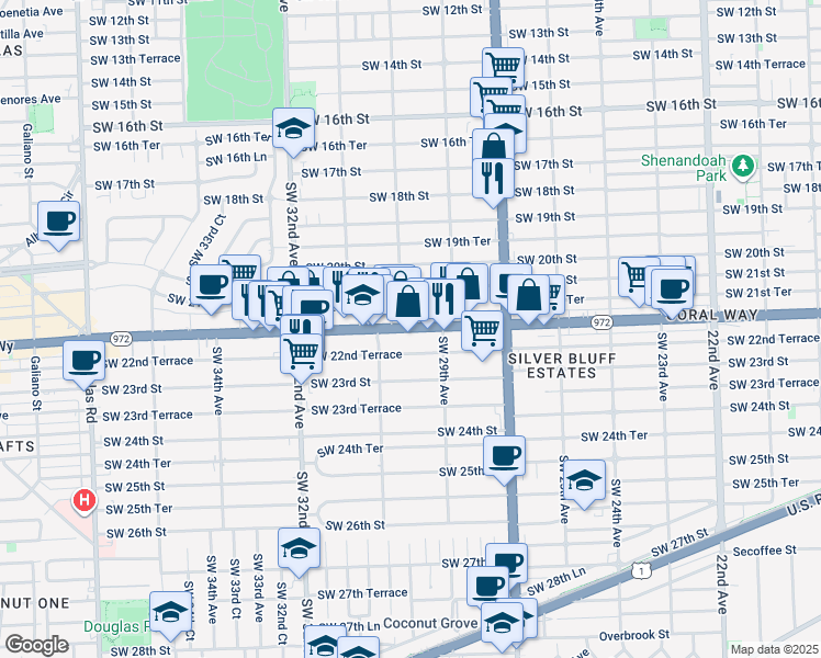 map of restaurants, bars, coffee shops, grocery stores, and more near 3025 Coral Way in Miami