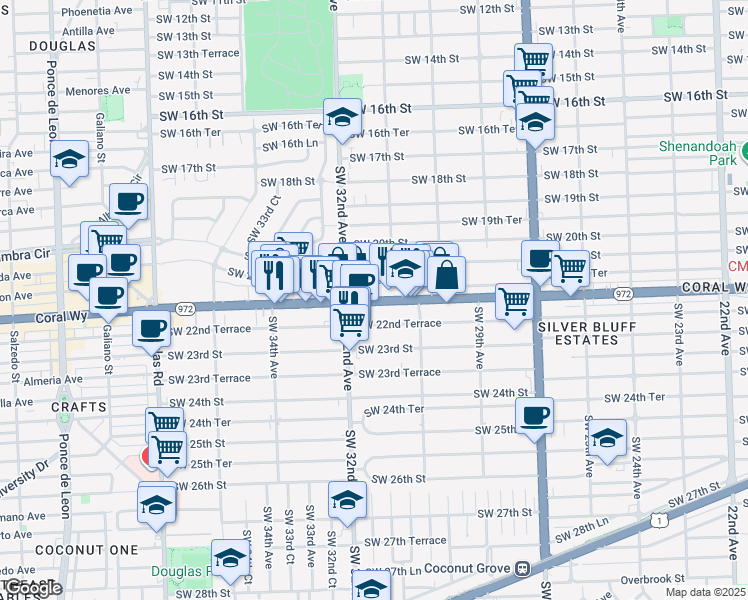 map of restaurants, bars, coffee shops, grocery stores, and more near 109 Southwest 31st Court in Miami