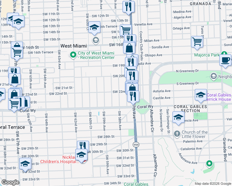 map of restaurants, bars, coffee shops, grocery stores, and more near 2198 Southwest 58th Court in Miami