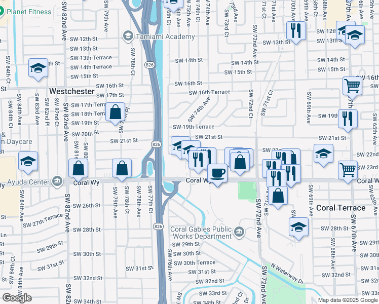map of restaurants, bars, coffee shops, grocery stores, and more near 2150 Southwest 75th Avenue in Miami