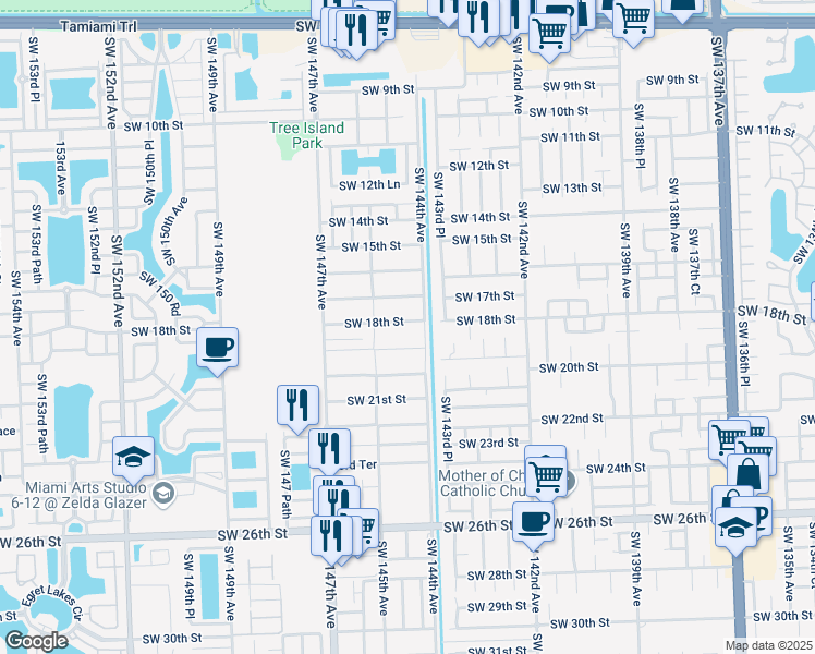map of restaurants, bars, coffee shops, grocery stores, and more near 1788 Southwest 143rd Place in Miami
