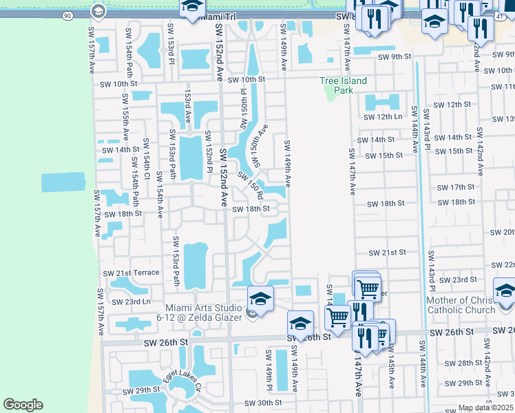 map of restaurants, bars, coffee shops, grocery stores, and more near 1741 Southwest 150th Place in Miami
