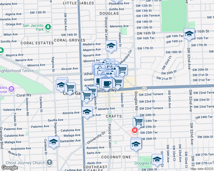 map of restaurants, bars, coffee shops, grocery stores, and more near 205 Aragon Avenue in Coral Gables