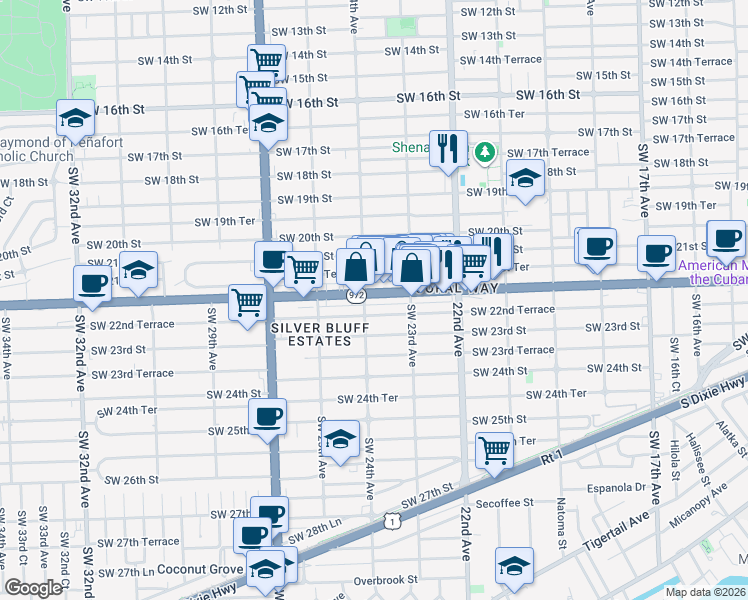map of restaurants, bars, coffee shops, grocery stores, and more near 2373 Southwest 22nd Street in Miami