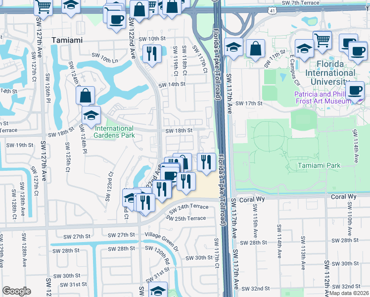 map of restaurants, bars, coffee shops, grocery stores, and more near 11835 Southwest 19th Lane in Miami