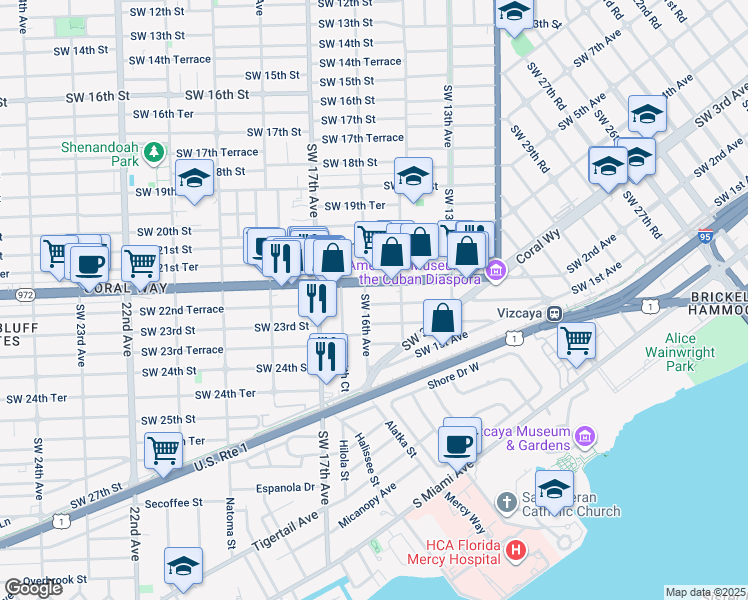 map of restaurants, bars, coffee shops, grocery stores, and more near 2226 Southwest 16th Avenue in Miami