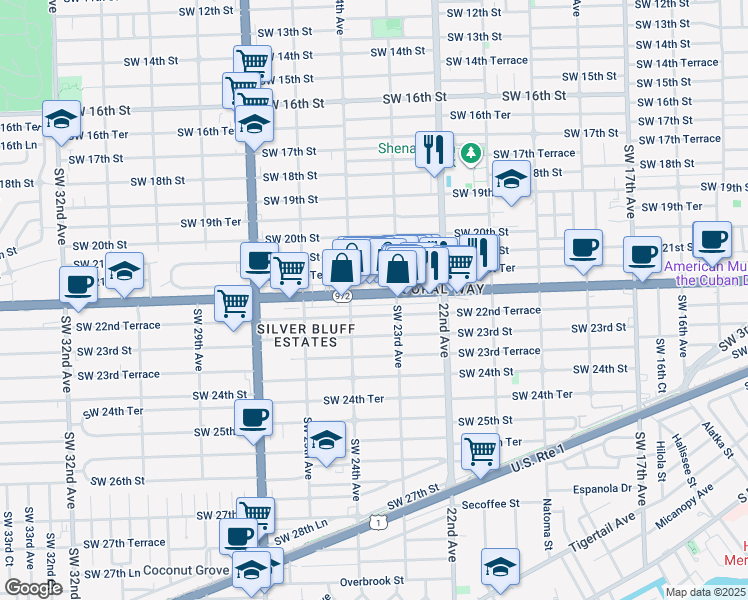 map of restaurants, bars, coffee shops, grocery stores, and more near 2373 Southwest 22nd Street in Miami