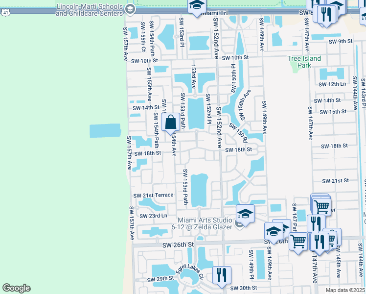 map of restaurants, bars, coffee shops, grocery stores, and more near 15352 Southwest 17th Terrace in Miami