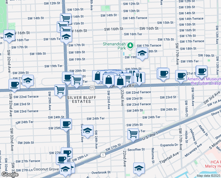 map of restaurants, bars, coffee shops, grocery stores, and more near 2296 Coral Way in Miami
