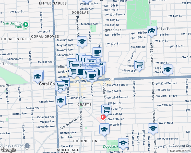 map of restaurants, bars, coffee shops, grocery stores, and more near 6 Aragon Avenue in Coral Gables