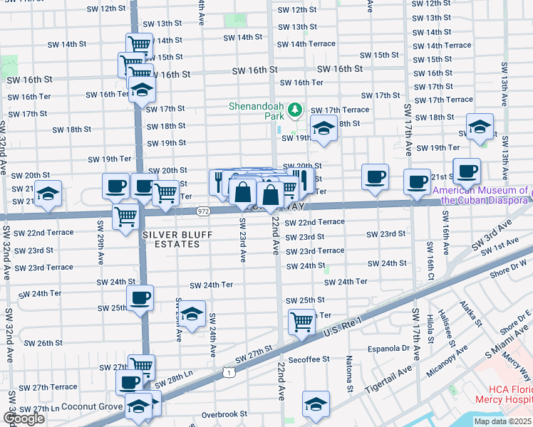 map of restaurants, bars, coffee shops, grocery stores, and more near 2223 Coral Way in Miami