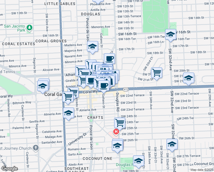 map of restaurants, bars, coffee shops, grocery stores, and more near in Coral Gables