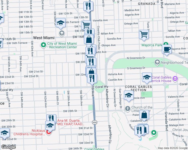 map of restaurants, bars, coffee shops, grocery stores, and more near 2230 Red Road in Miami