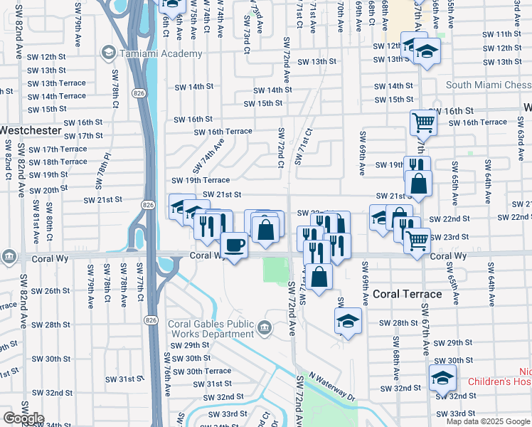 map of restaurants, bars, coffee shops, grocery stores, and more near 7267 Southwest 22nd Street in Miami