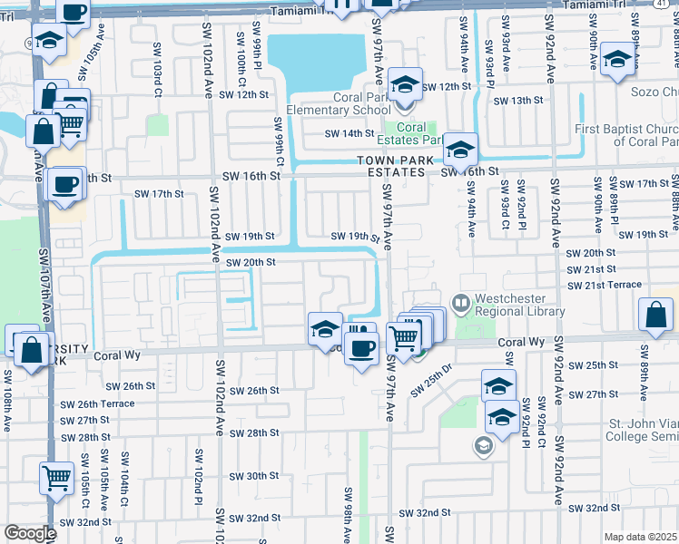 map of restaurants, bars, coffee shops, grocery stores, and more near 9770 Southwest 20th Street in Miami