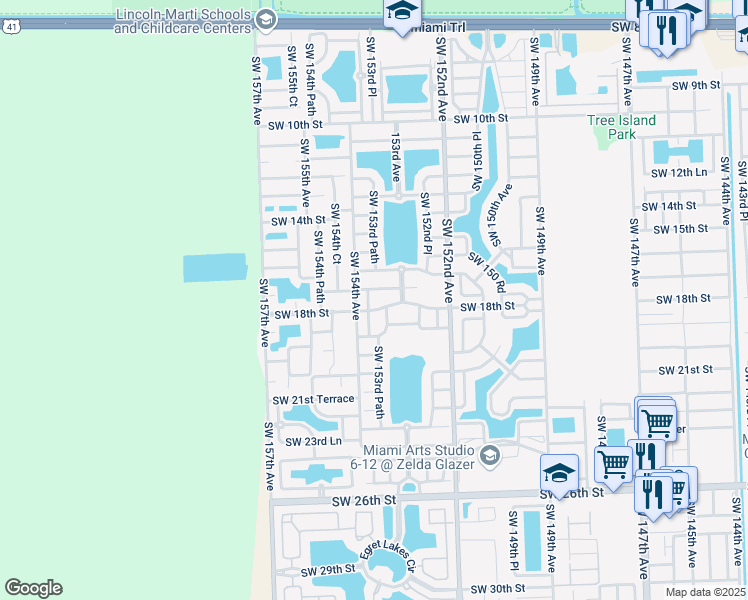 map of restaurants, bars, coffee shops, grocery stores, and more near 15352 Southwest 17th Terrace in Miami