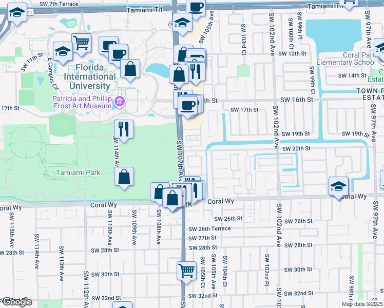 map of restaurants, bars, coffee shops, grocery stores, and more near 10621 Southwest 20th Terrace in Miami