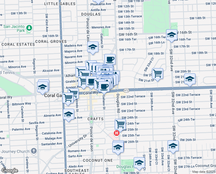 map of restaurants, bars, coffee shops, grocery stores, and more near in Coral Gables