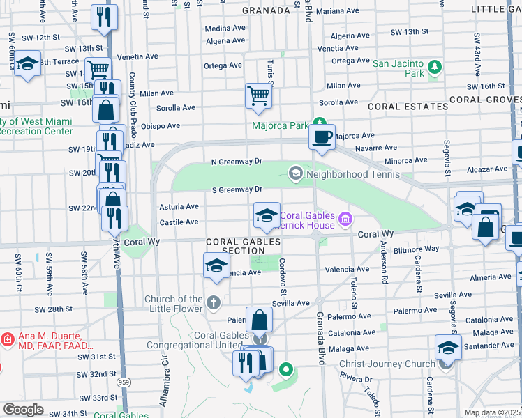 map of restaurants, bars, coffee shops, grocery stores, and more near 1132 Asturia Avenue in Coral Gables