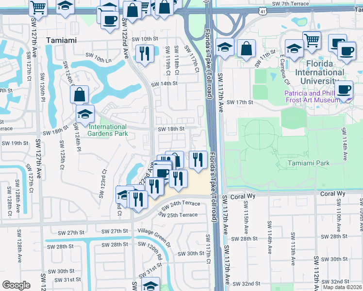 map of restaurants, bars, coffee shops, grocery stores, and more near 11835 Southwest 19th Lane in Miami