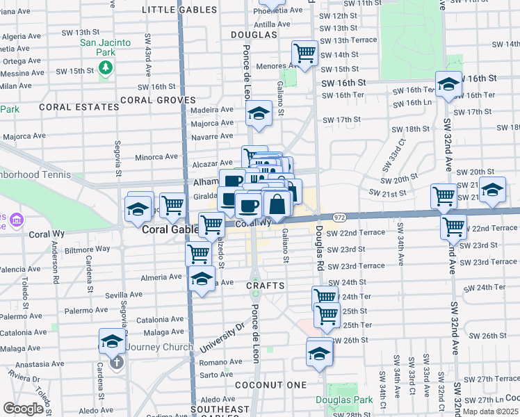 map of restaurants, bars, coffee shops, grocery stores, and more near 126 Aragon Avenue in Coral Gables