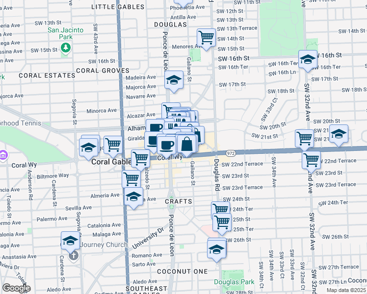 map of restaurants, bars, coffee shops, grocery stores, and more near 126 Aragon Avenue in Coral Gables