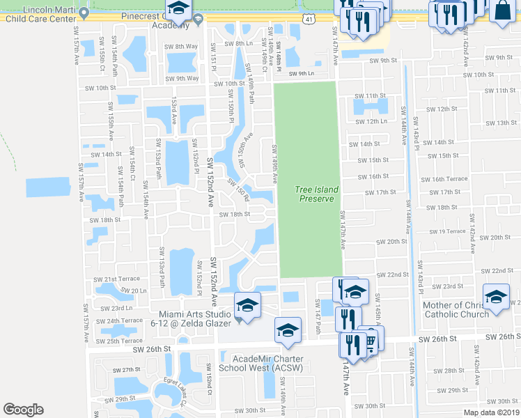 map of restaurants, bars, coffee shops, grocery stores, and more near 14952 Southwest 17th Lane in Miami